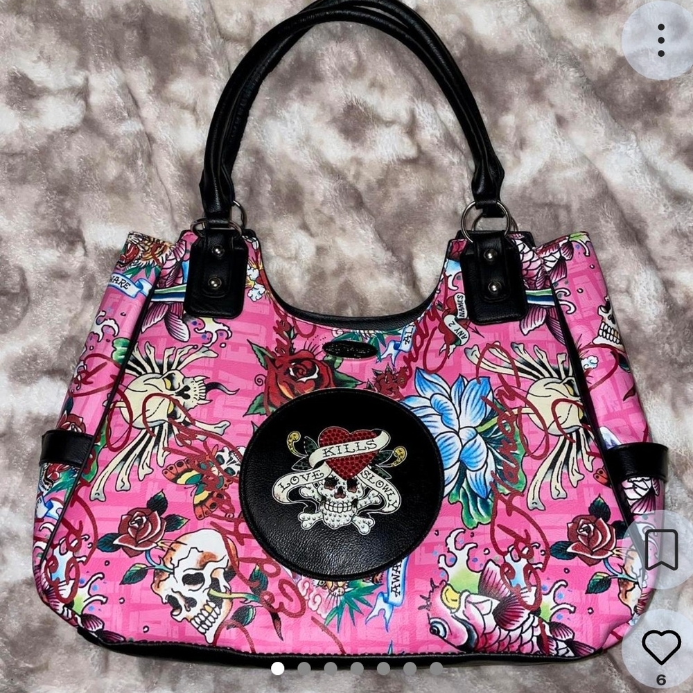 Ed Hardy Pink and Black Skull Floral Shoulder Bag